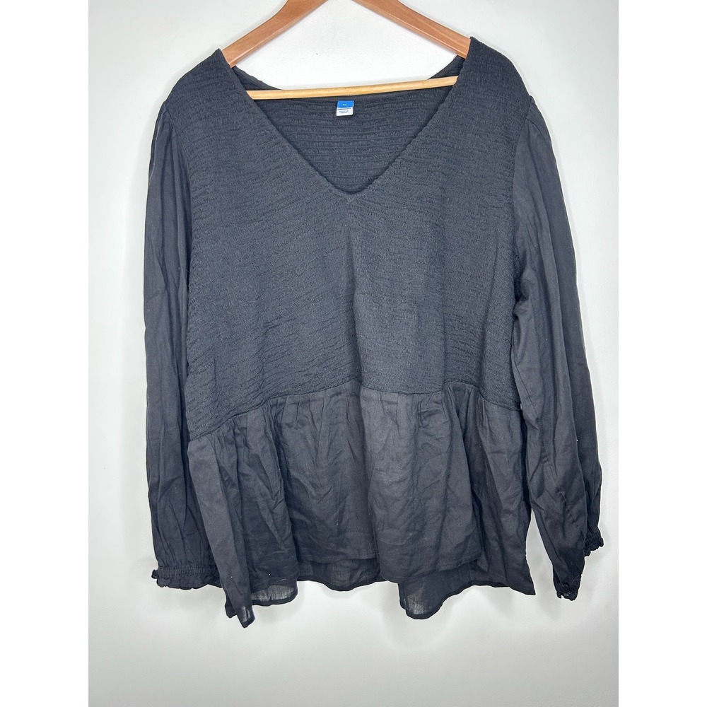 Old Navy Black Smocked Babydoll Peplum Blouse V-Neck Plus Size 4X‎ Boho Cottage